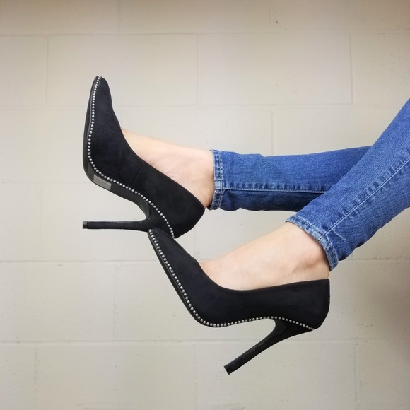 Black vegan Suede High Heel Pumps With Studs -gg - Picture 4 of 8